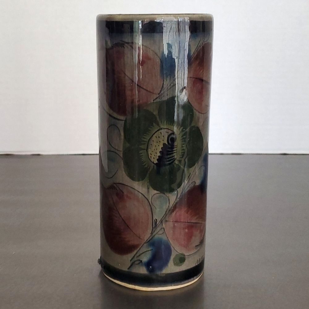 Vintage Tonala Mexican Pottery Hand Painted Floral Cylinder Vase 6.75"